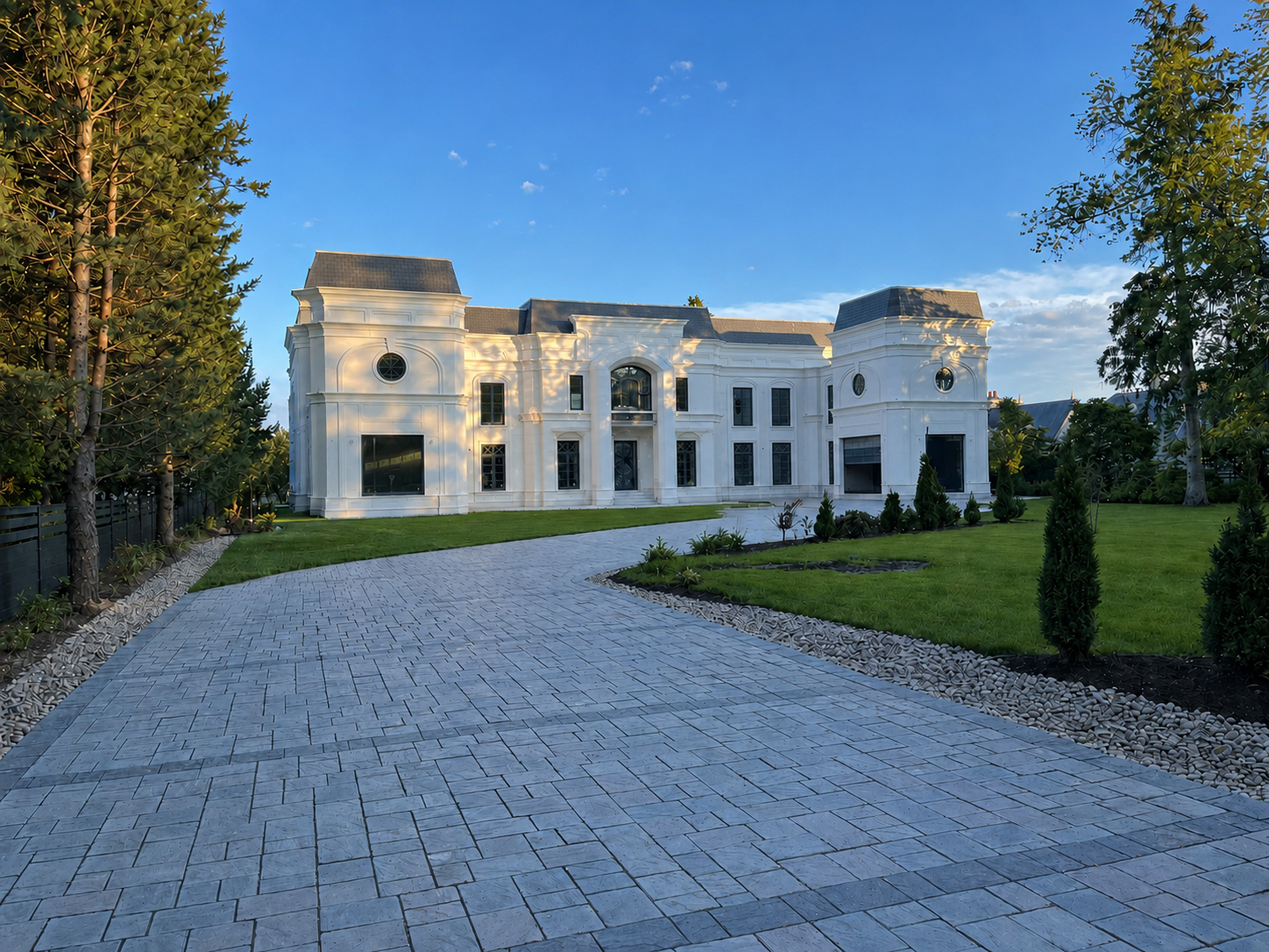 Completed Lakeshore Estate residence with a curved stone driveway and finished landscaping
