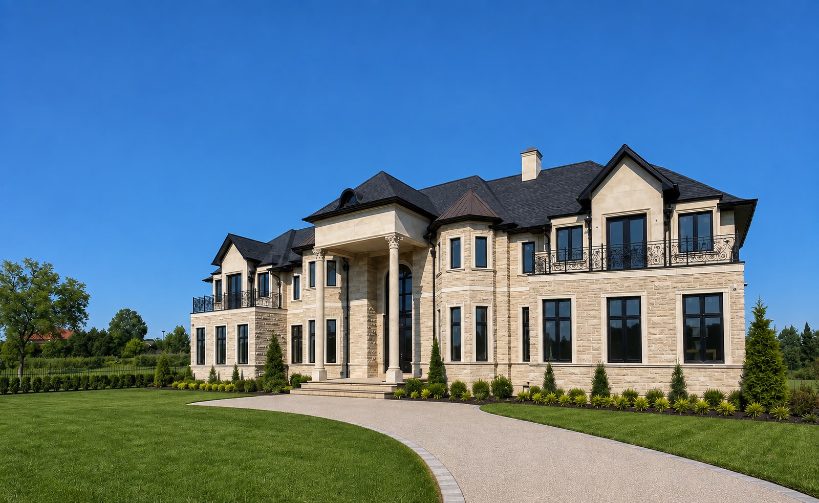 Large custom stone estate residence with finished landscaping